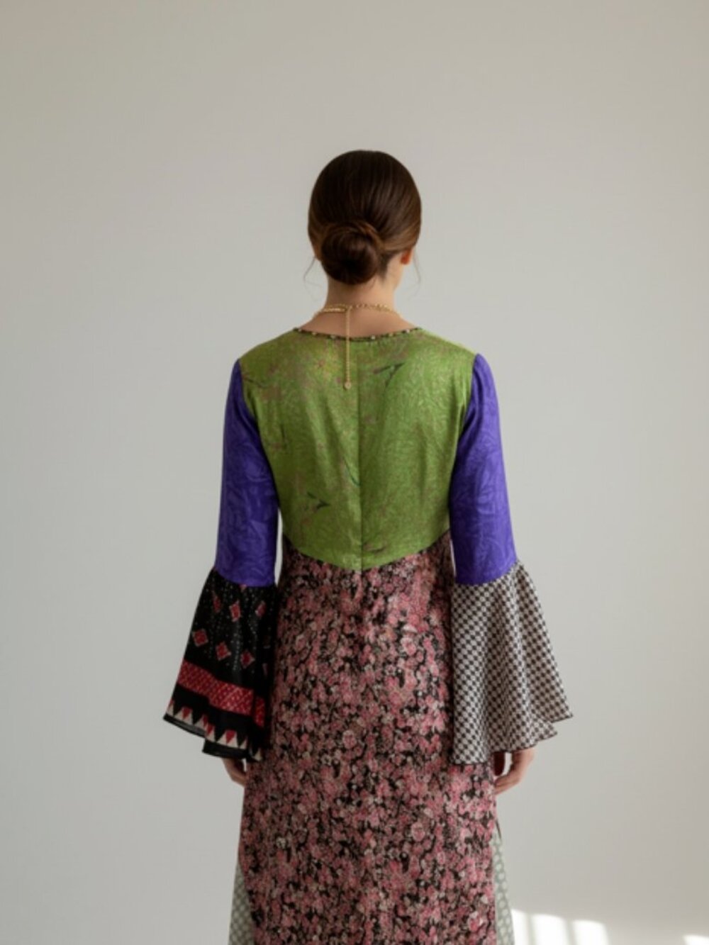 Vintage Y2K Whimsigoth Patchwork Bell Sleeve Dress Beaded V-Neck Floral Boho - Picture 3 of 8